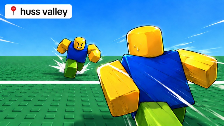 Huss Valley Official Roblox promotional art: two blocky runners on a green field, one being chased